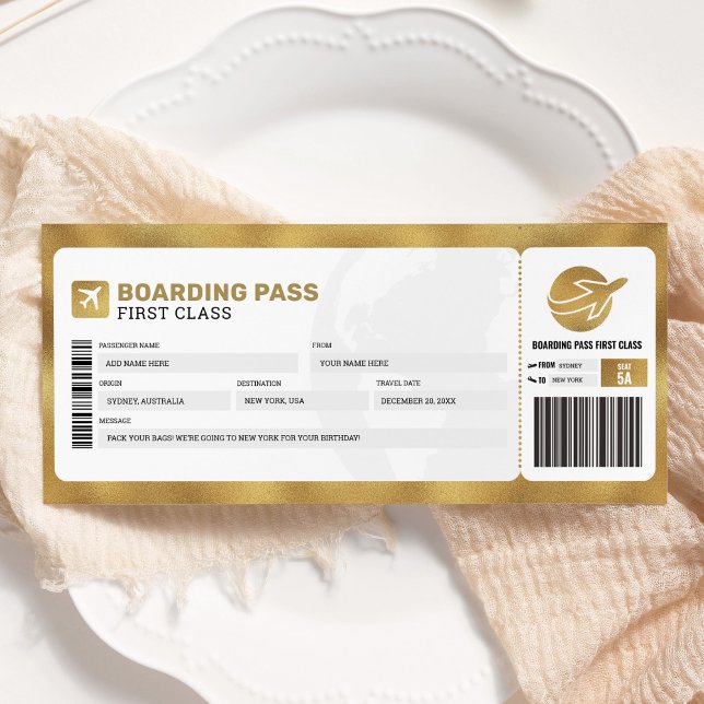 Gold Boarding Pass Reisen Flugzeug Geschenkgutsche Einladung (Von Creator hochgeladen)