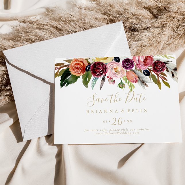 Gold Boho Blumen Horizontal Hochzeit speichern das Save The Date (Von Creator hochgeladen)
