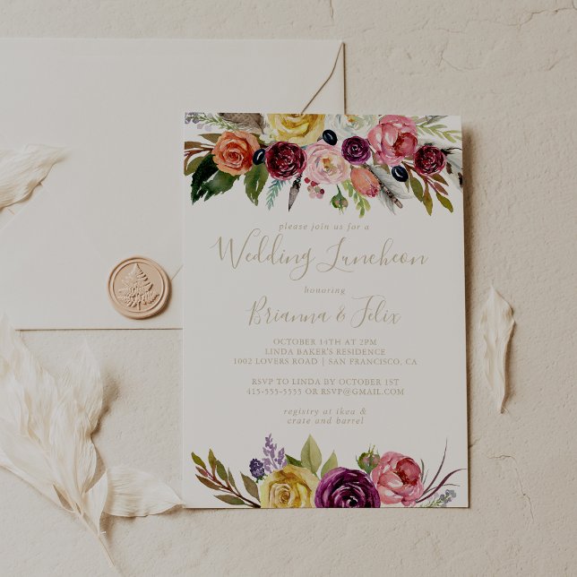 Gold Boho Floral Wedding Luncheon Brautparty Einladung (Von Creator hochgeladen)