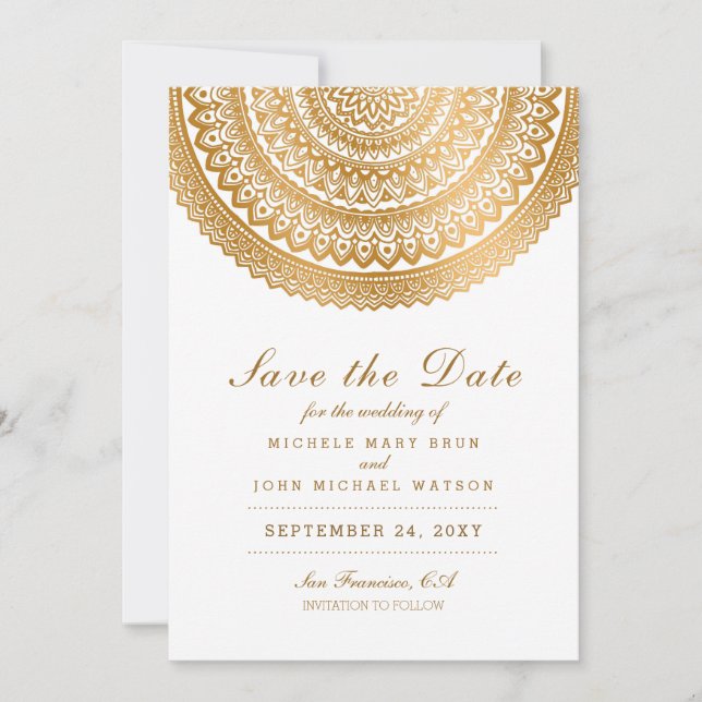 Gold Boho Mandala White Save the Date White Card (Vorderseite)