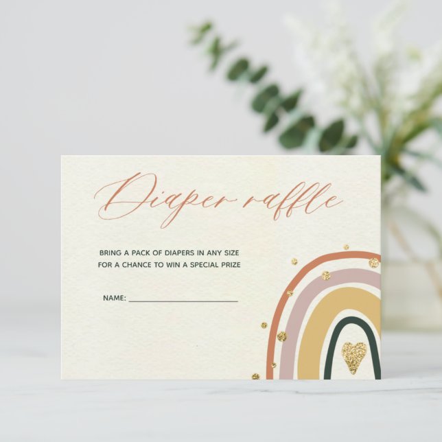 Gold Boho Rainbow Baby Dusche Windel Raffekarte Einladung (Stehend Vorderseite)