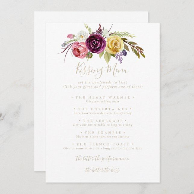 Gold Boho Tropical Wedding Kissing Menu Game Card (Vorne/Hinten)