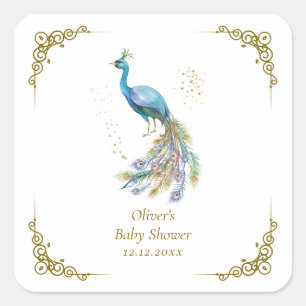 Gold Boho Vintage Elegante Pfau Baby Shower  Quadratischer Aufkleber