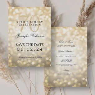 Gold Bokeh 70. Geburtstag Save the Date mit Detail Einladung
