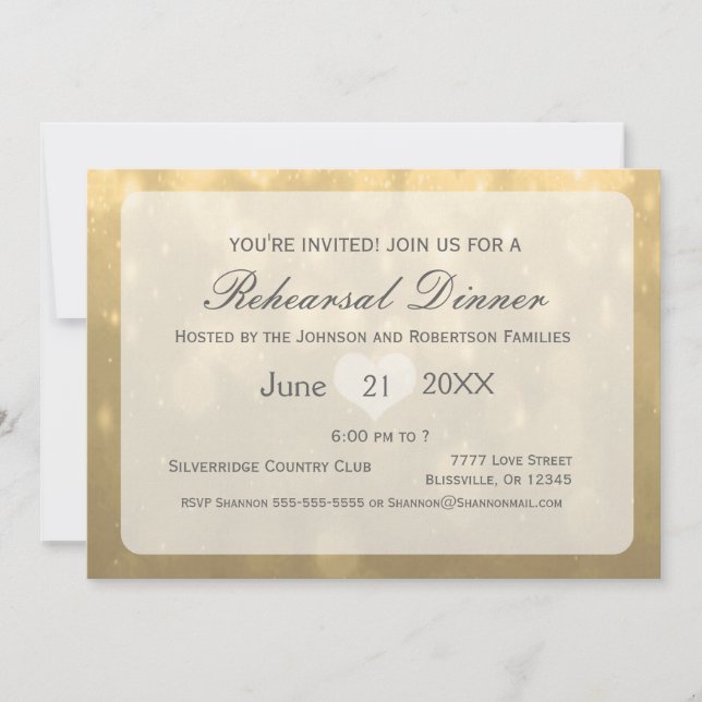 Gold Bokeh | Abendessen Probe Einladung (Vorderseite)