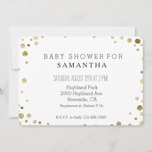 Gold Bokeh Confetti Dots Babydusche Einladung (Vorderseite)