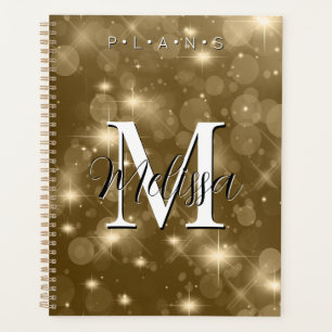 Gold Bokeh Modern Monogram Sparkle Planner Planer