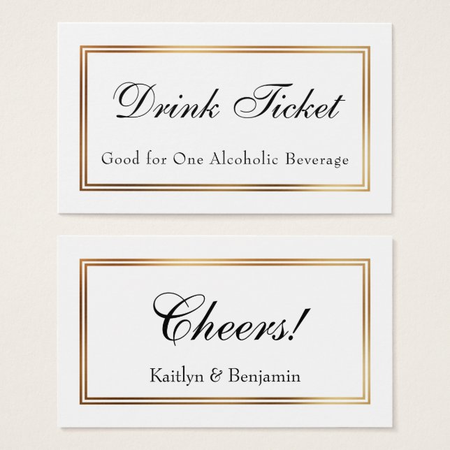 Gold Borded White Drink Ticket Beilagen Karten (Vorne & Hinten)