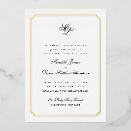 Gold Border Black and Gold Monogram Wedding Folieneinladung