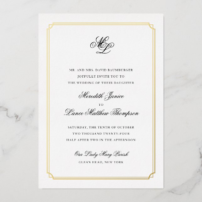 Gold Border Black and Gold Monogram Wedding Folieneinladung (Vorderseite)