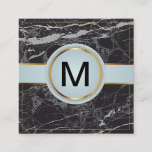 Gold Border Luxury Monogram Black Marble Quadratische Visitenkarte