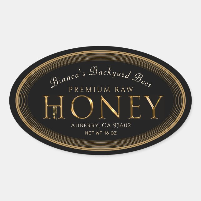 Gold Border Metallic Schriftart Honig mit Tropfen  Ovaler Aufkleber (Vorderseite)