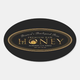 Gold Border Metallic Schriftart Honig mit Tropfen Ovaler Aufkleber