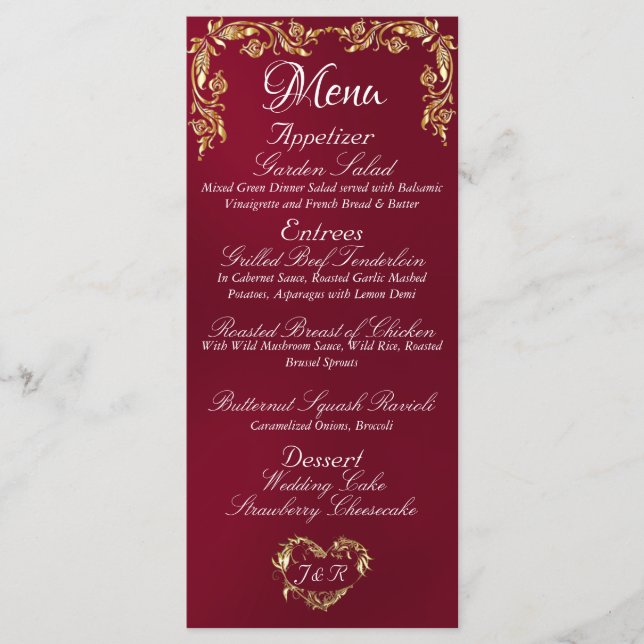 Gold Border on Burgund Wedding Menu Menükarte (Vorderseite)