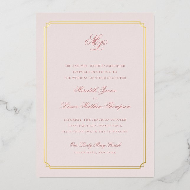 Gold Border Pink and Gold Monogram Wedding Foil in Folieneinladung (Vorderseite)
