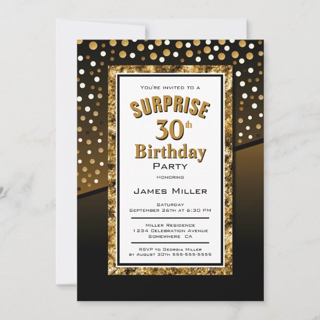 Gold Border Surprise 30. Geburtstag Party Einladung (Vorderseite)