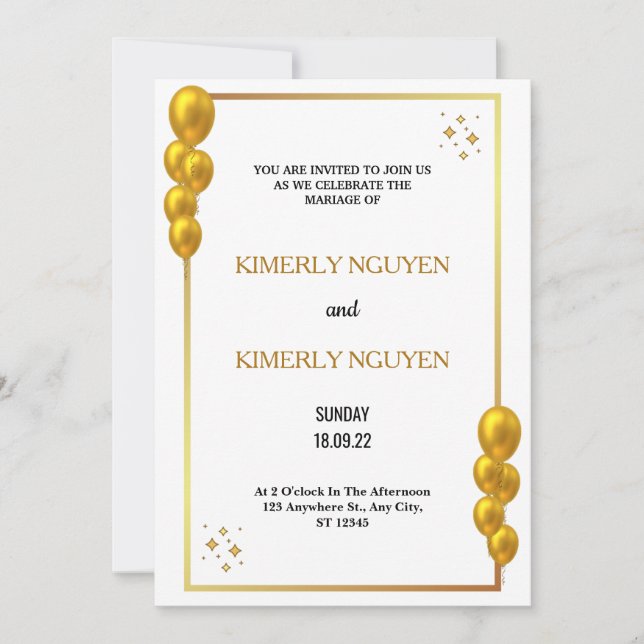 Gold Borders Bridal White Wedding Einladung (Vorderseite)