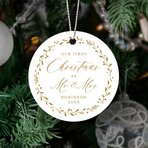 Gold Botanical Mr & Mrs Unser erstes Weihnachten Ornament Aus Metall