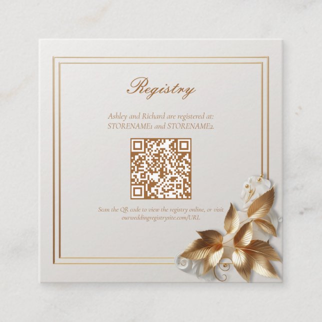 Gold Botanical Wedding Registry QR Code Begleitkarte (Vorderseite)