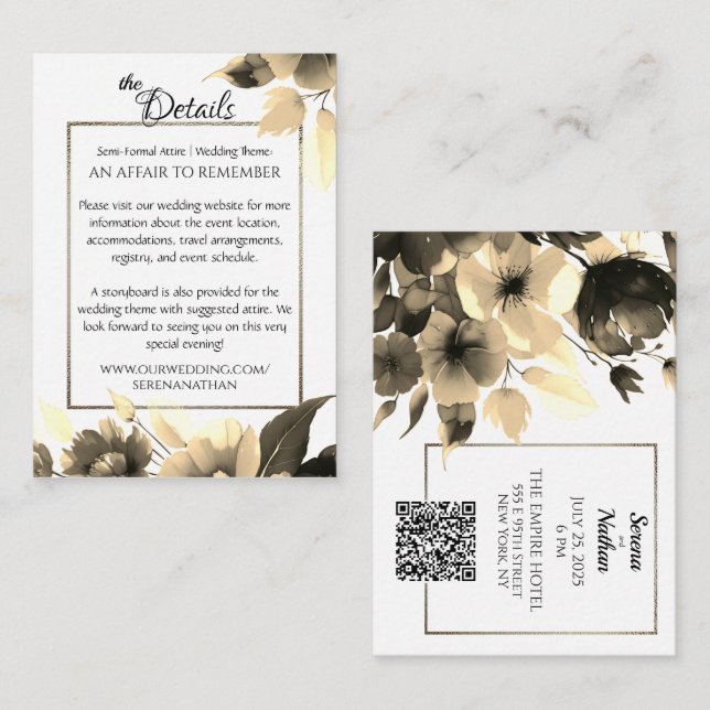 Gold Bouquet QR Code Hochzeitsdetails Begleitkarte (Vorne/Hinten)