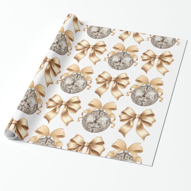 Gold Bow and Disco Ball Wrapping Paper Geschenkpapier (Ungerollt)