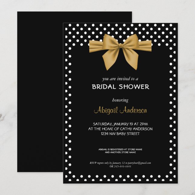 Gold Bow Black and White Polka Dots Brautparty Einladung (Vorne/Hinten)