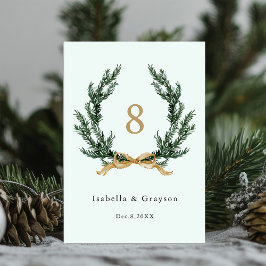 Gold Bow & Evergreen Pine Wreath Wedding Mint Tischnummer