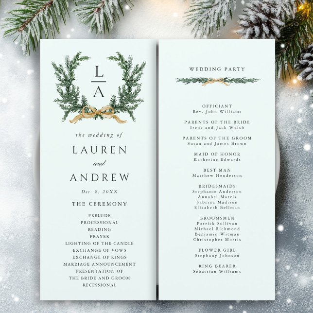 Gold Bow & Green Garland Wedding Ceremony Mint Programm (Front & Back)