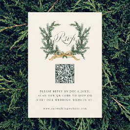 Gold Bow & Green Pine Wreath Wedding QR Code Ivory RSVP Karte