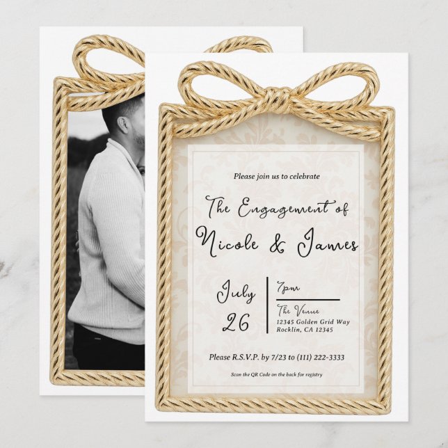 Gold Bow präsentiert Geschenk Foto Engagement Part Einladung (Vorne/Hinten)