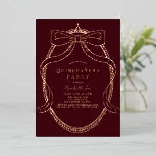 Gold Bow Ribbon Tiara Frame Burgundy Quinceañera Folieneinladung