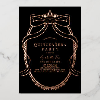 Gold Bow Ribbon Tiara Rahmen Schwarzes Quinceañera Folieneinladung