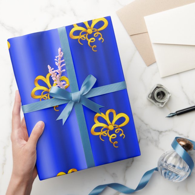 Gold Bows auf Blue Christmas Geschenkpapier (Von Creator hochgeladen)