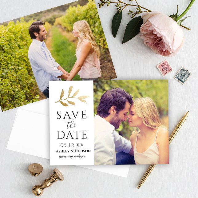 Gold Branch Wedding Foto White Save The Date (Von Creator hochgeladen)
