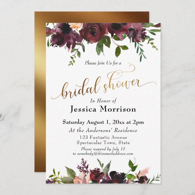 Gold Brautparty Burgundy Watercolor Blume Einladung (Vorne/Hinten)