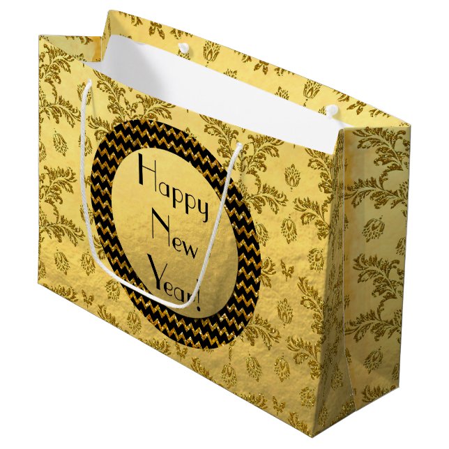 Gold Brocade Frohes Neues Jahr! Classy Gift Bag Große Geschenktüte (Vorderseite Schrägansicht)