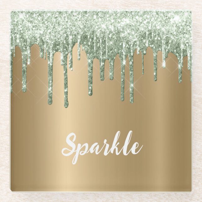 Gold Bronze Mint Grün Glitter Tropfen Glasuntersetzer (Vorderseite)