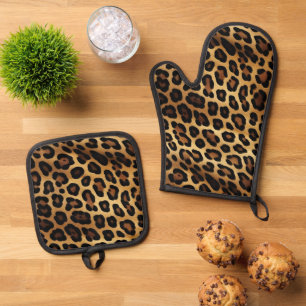 Gold Brown Black Leopard Print Ofenhandschuh & Topflappen-Set