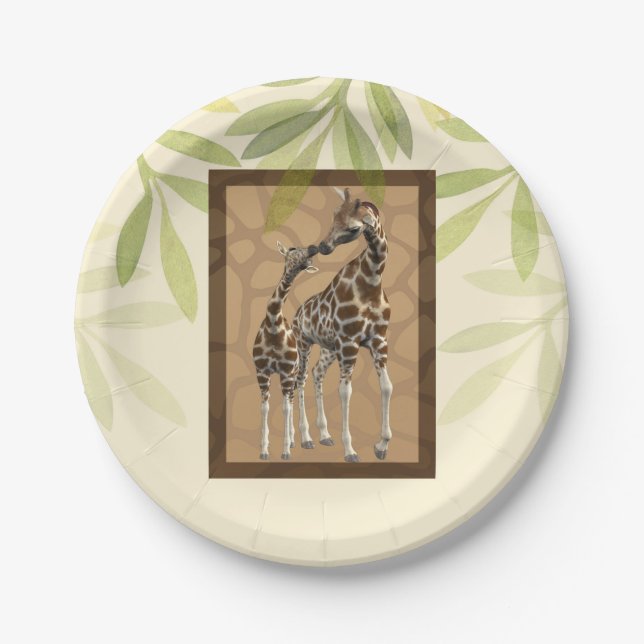 Gold Brown Kissing Giraffes Zoo Kinderdusche Pappteller (Vorderseite)
