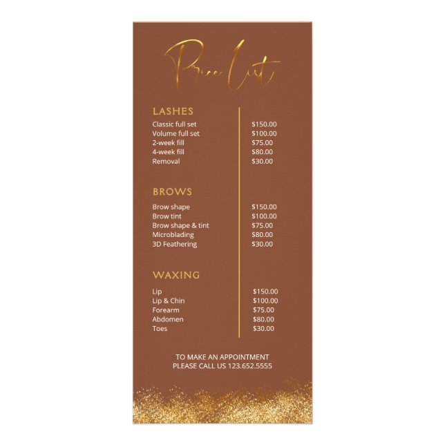 Gold & Brown Lash Tech Price List | Luxury Beauty  Werbekarte (Vorne)