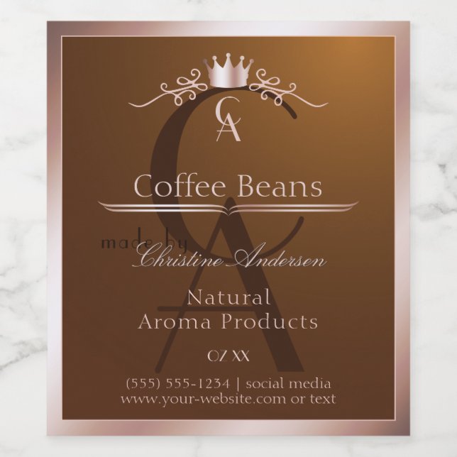 Gold Brown Product Label Rosegold Frame Monogram Weinetikett (Einzelnes Label)