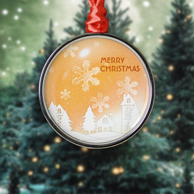 Gold Brown White Snow House Frohe Weihnachten Ornament Aus Metall (Von Creator hochgeladen)