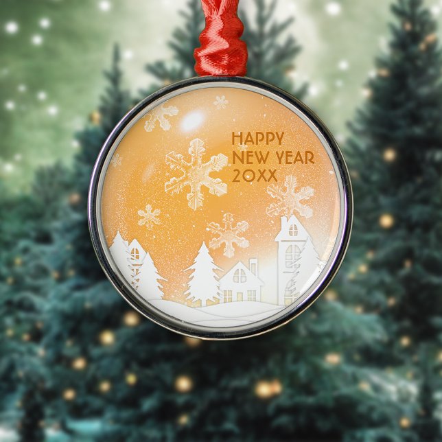 Gold Brown White Snow House Frohes Neues Jahr Ornament Aus Metall (Von Creator hochgeladen)