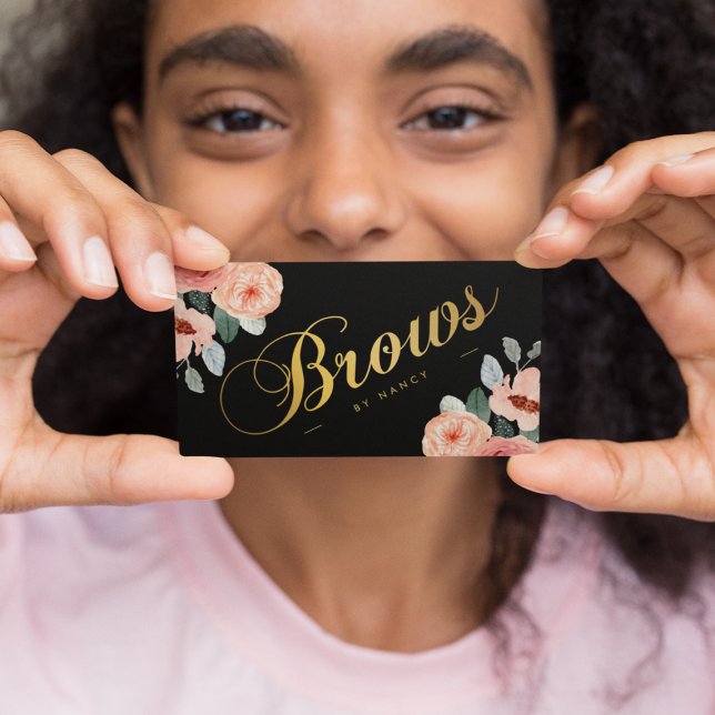 Gold Brows Script Calligraphy Watercolor Floral Visitenkarte (Von Creator hochgeladen)