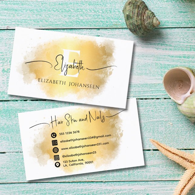 Gold Brush Stroke White Monogram Black Script Name Visitenkarte (Von Creator hochgeladen)