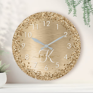 Gold Brushed Metal Glitter Monogram Name Runde Wanduhr