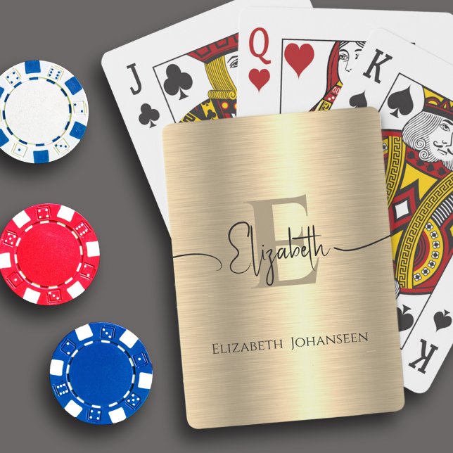 Gold Brushed Metal Monogram Black Script Name Glam Spielkarten (Von Creator hochgeladen)