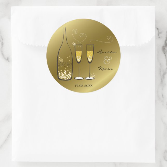 Gold Bubbly Champagne Cheers Stilvolle Hochzeitsfe Runder Aufkleber (Tasche)