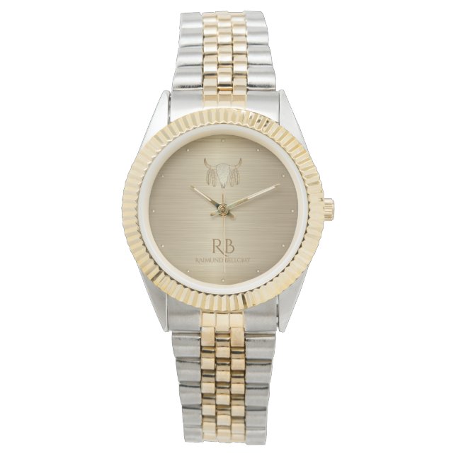Gold Buffalo Skull Luxury Metallic Watch Armbanduhr (Vorderseite)