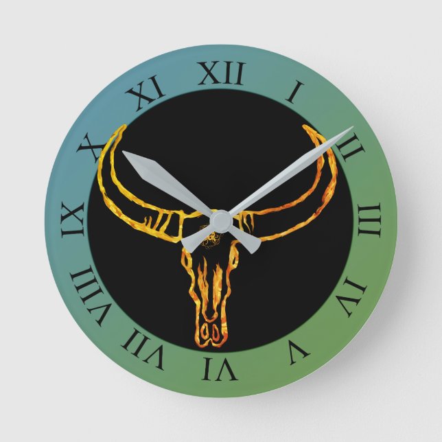 Gold Bull Skull Wall Clock Runde Wanduhr (Vorderseite)